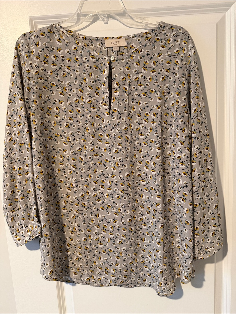 LOFT Gray Floral Henley Blouse with Yellow Accents
